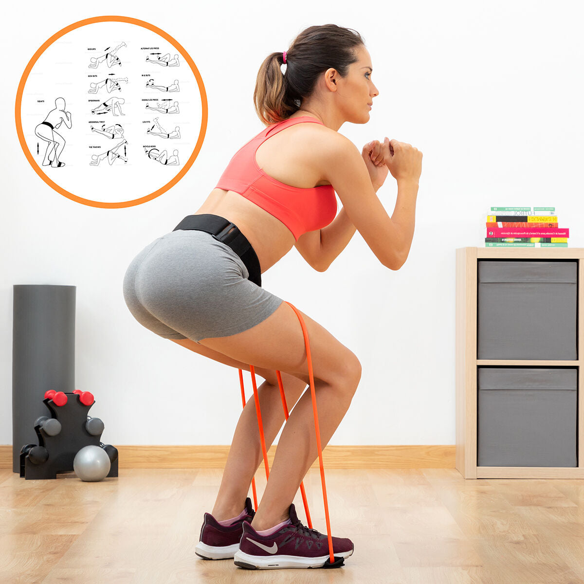Kniebeuge mit Bootrainer und eingeblendeter Übungsanleitung