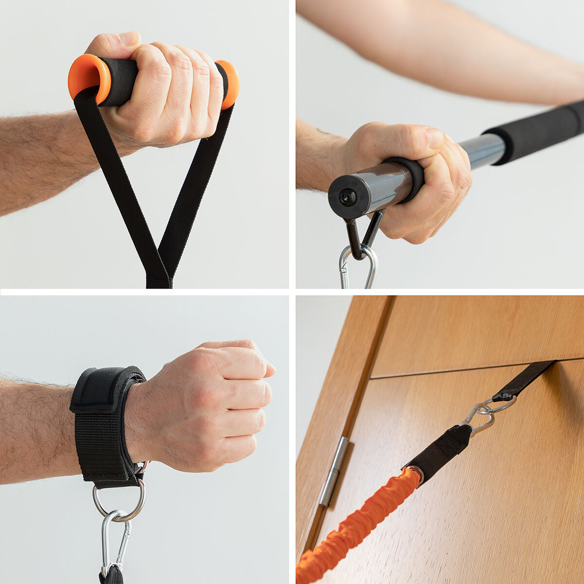 Details der Gympak-Max-Handgriffe, Stange, Extremitätengurte und Türbefestigung