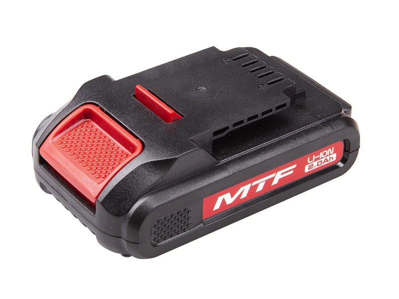 Schwarz-roter MTF BT2-20T Akku mit roter Entriegelungstaste und seitlichem MTF-Schriftzug