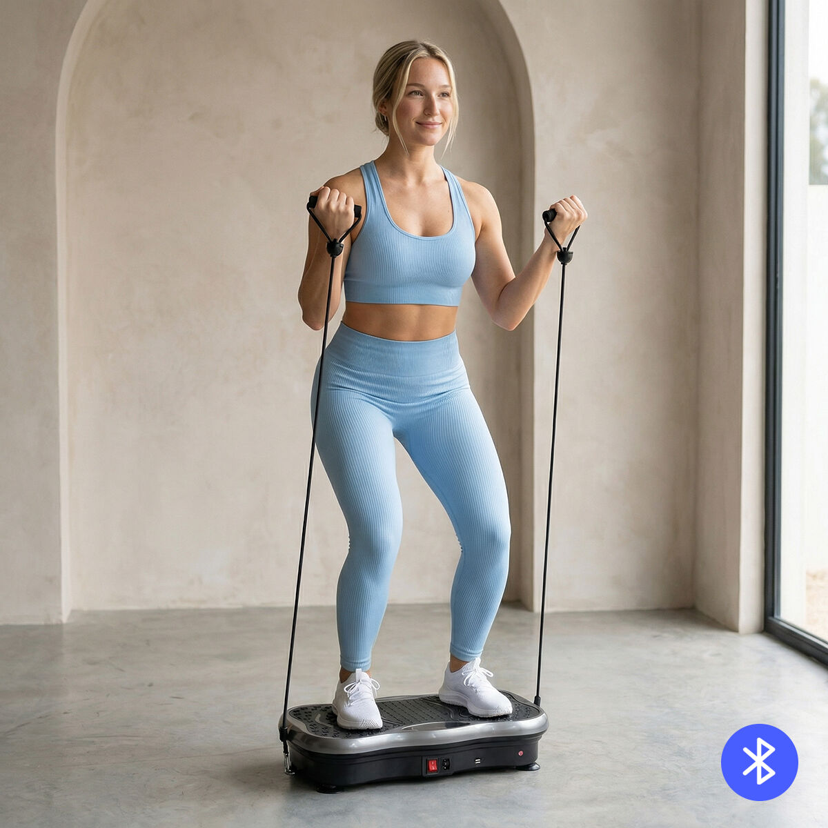 Person beim Training mit Vivflow-Vibrationsplatte und zwei Widerstandsbändern