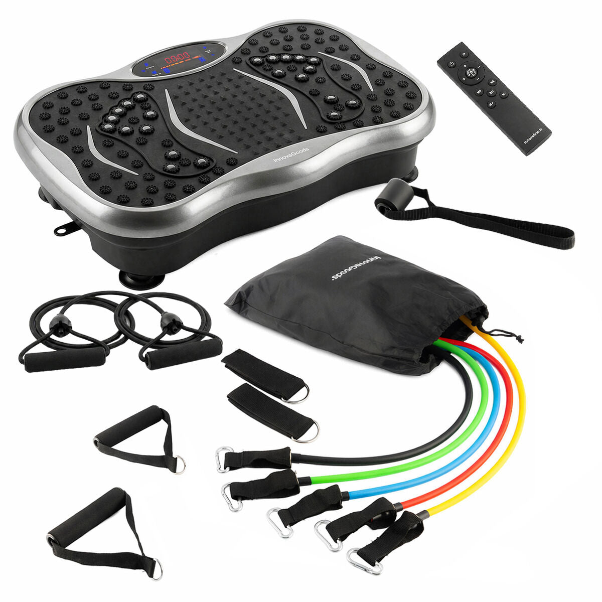 Vibrationsplatte Pack mit Lautsprecher, Fernbedienung und Widerstandsbändern mit Übungsanleitung InnovaGoods – Produktansicht 1